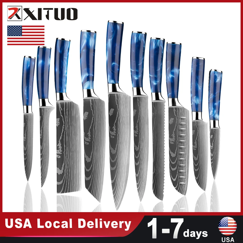 USA Warehouse Fast Shipping Stainless Steel 10PCS knives Set Blue Resin Handle Household Kitchen Sharp Paring Tool Chef's Knife