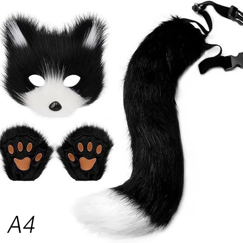 

Foxes Costume Set Furry Gloves Tail Plush Animal Face Cover Cat Ears Headband Halloween Costume Foxes Tail For Cosplay Party