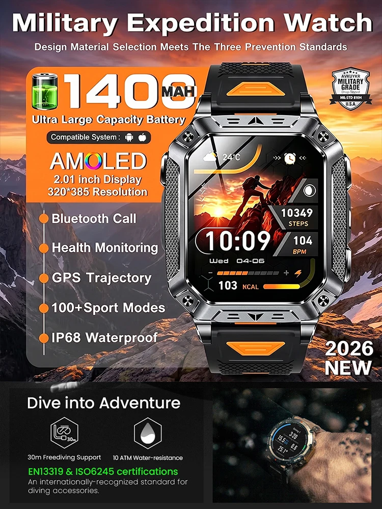 2026 Neue 1400mAh Ultra-Großbatterie Smartwatch Outdoor GPS 10ATM Wasserdicht Bluetooth Taschenlampe Anruf HD AMOLED Sport Smartwatch