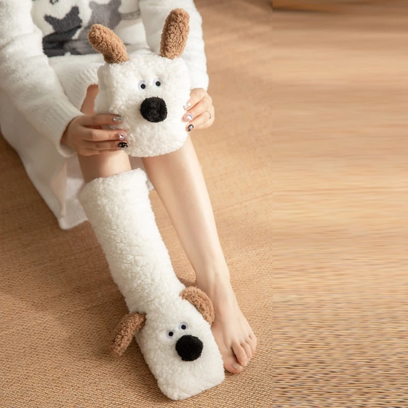 Women Winter 3D Dog Ears Fuzzy Slipper Socks Nonslip Warm Socks with Grip Thick Furry Plush Socks for Home Sleeping