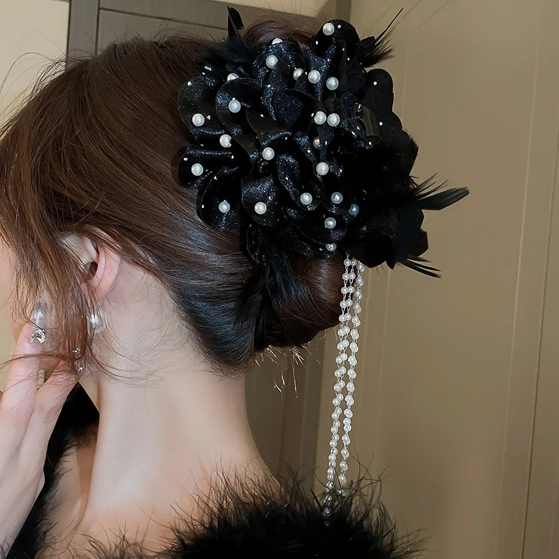 

Feather Fabric Flower Pearl Tassel Hair Clip Hair Claw for Women French Fashion Elegant Style Hair Accessories