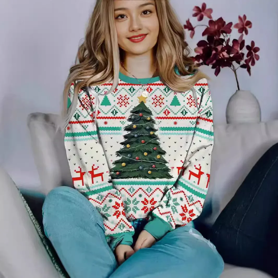

2024 Christmas Series Hoodie Women's Autumn Long Sleeve Round Neck Casual Fashion Printed Pullover Winter Large Size Sweatshirt