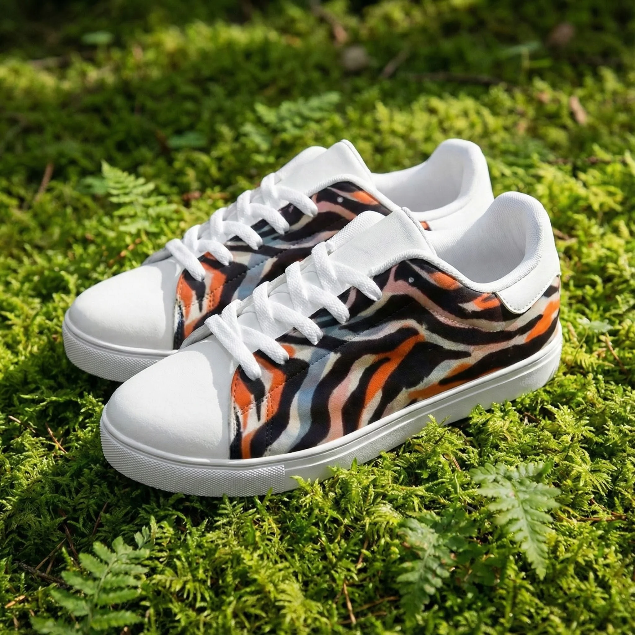 

Белые спортивные повседневные туфли с ярким принтом темной зебры, сочетающие элегантность, комфорт и стиль.