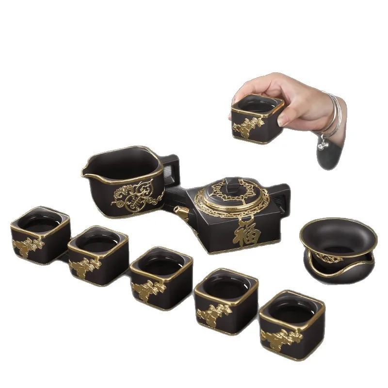 

Intangible Cultural Heritage Gold Inlaid Jade Kung Fu Tea Set Household High-end Gifts Ceramic Zisha Pot Teapot Cup Special