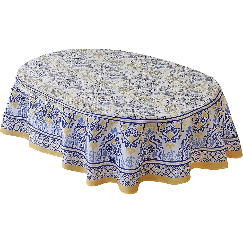 

Allure Yellow and Blue Floral Bordered Oval Fabric Tablecloth, 60 x 84, Indoor/Outdoor Stain Resistant