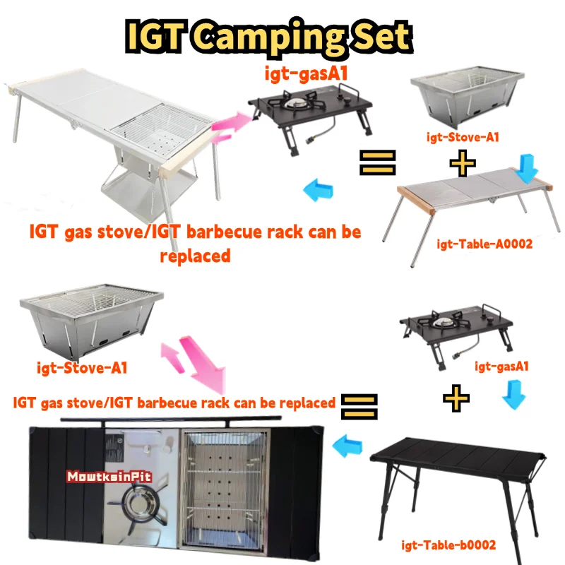 Camping IGT set, folding barbecue stove countertop gas stove, I stainless steel folding steel table, aluminum alloy roll table