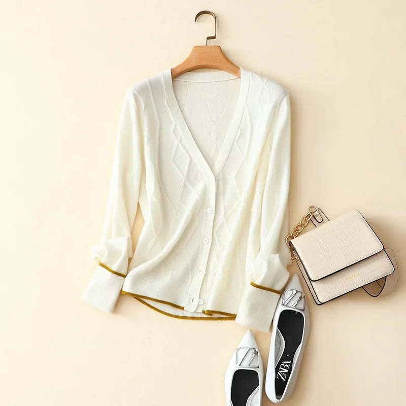 

autumn new style korean fashion 100% cashmere argyle cardigan v neck women's outerwear knitwear
