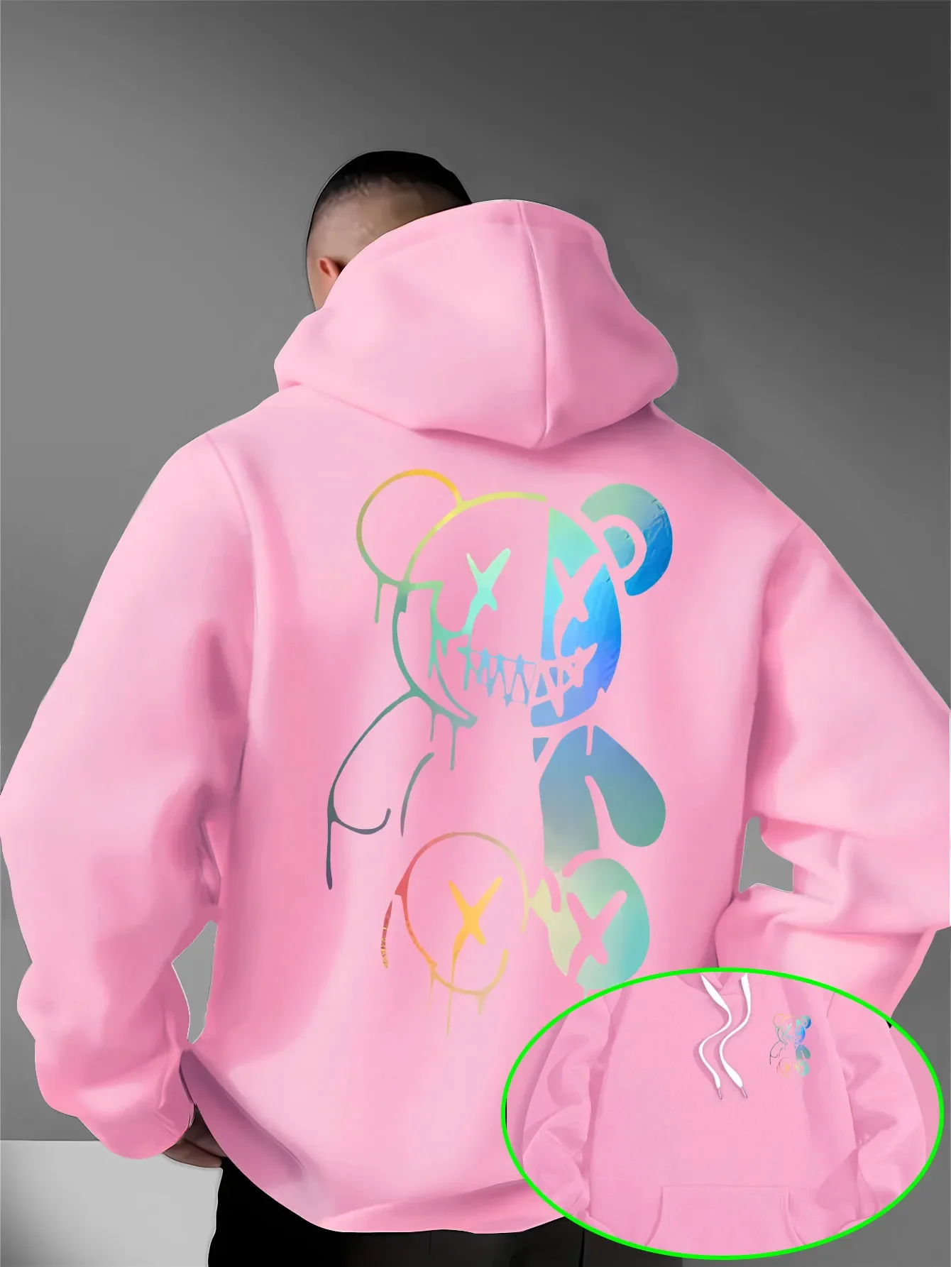Lockere, übergroße Herren-Hoodies mit holografischem, geteiltem Evil-Bear-Motiv auf Vorder- und Rückseite, Pullover-Sweatshirt, dunkle Streetwear, Alltags-Kapuzenoberteile – Detail 14