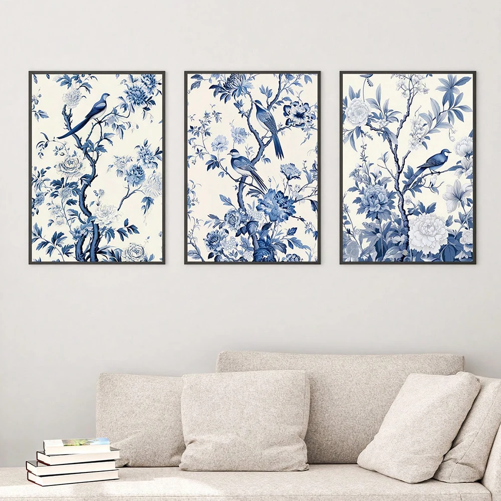 3 Pcs/Set, Unframed Canvas Print Painting Poster, Chinese Style, Blue, Bird, Tree Branch, Flower Room Home Decor Stuff, Wall Art
