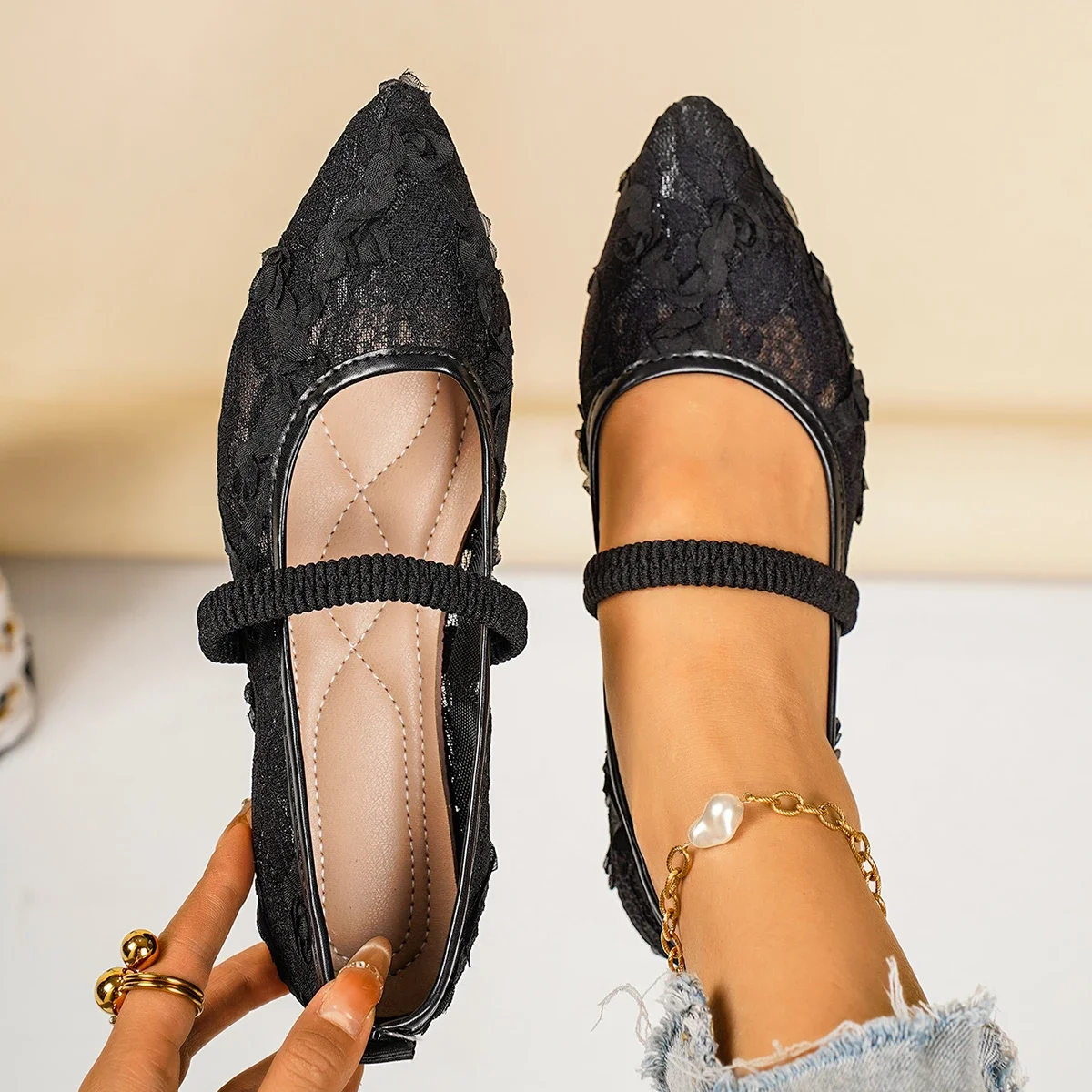 Women Lace Floral Mary Jane Flats Square Toe Elastic Strap Breathable Mesh Slip on Ladies Wedding Casual Dress Shoes