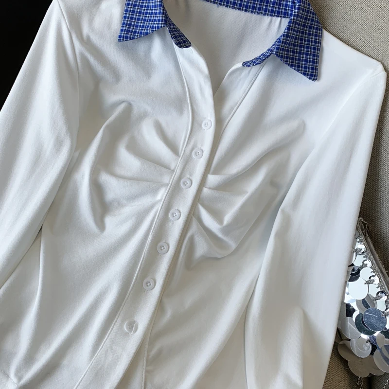 Herbst Vintage Plaid Patchwork Polo Kragen frauen T-shirts Casual Einreiher Langarm Gestrickte Shirts Tops Weibliche 2025