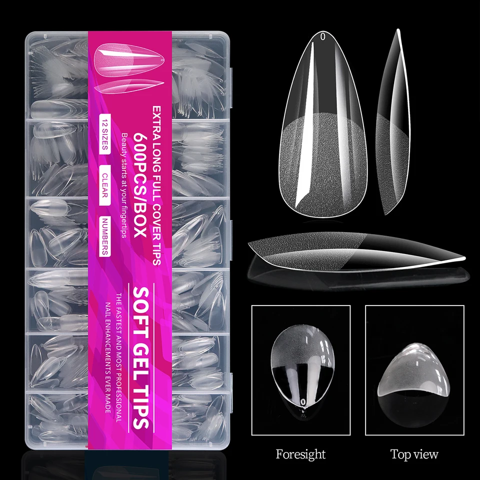 100/320/600 pzas puntas de uñas cortas almendra, puntas de gel suave, puntas de cobertura completa para uñas acrílicas, para salón o casa, press on nails 2