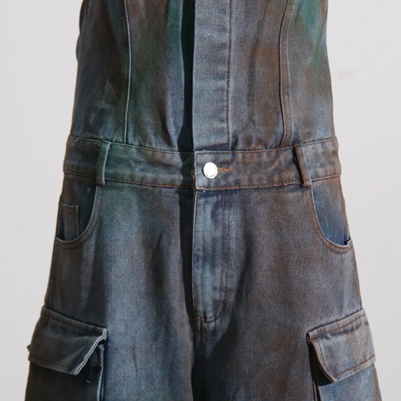 Zomer Nieuwe Mode Spray Color Denim Jumpsuit Camo Strapless Overall Sexy Spice Cargo Jumpsuit Met Zak