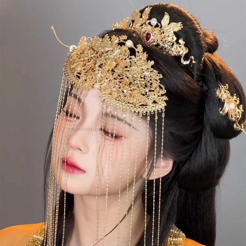 Chinese Ancient Costume Headwear Long Tassel Classical Hair Crown Hair Ornaments Hairpin Women Hair Crown Full Set Accessories