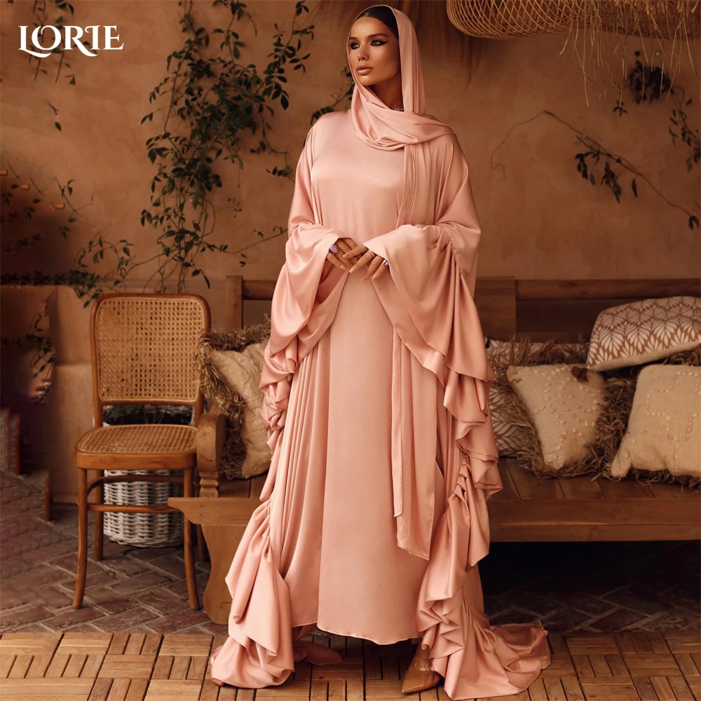 

LORIE Muslim Satin Formal Evening Dresses Solid Ruched A-Line Flare Sleeves Prom Dress Women Occasional Party Gowns Plus Size