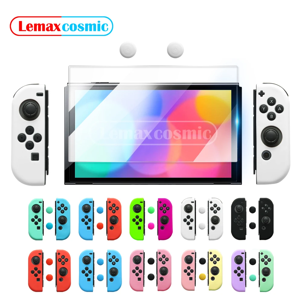 Screen Protector Tempered Glass Film Soft Silicone Case Joystick Cap Controller Cover For Nintendo Switch OLED Joy-Con Joycon NS