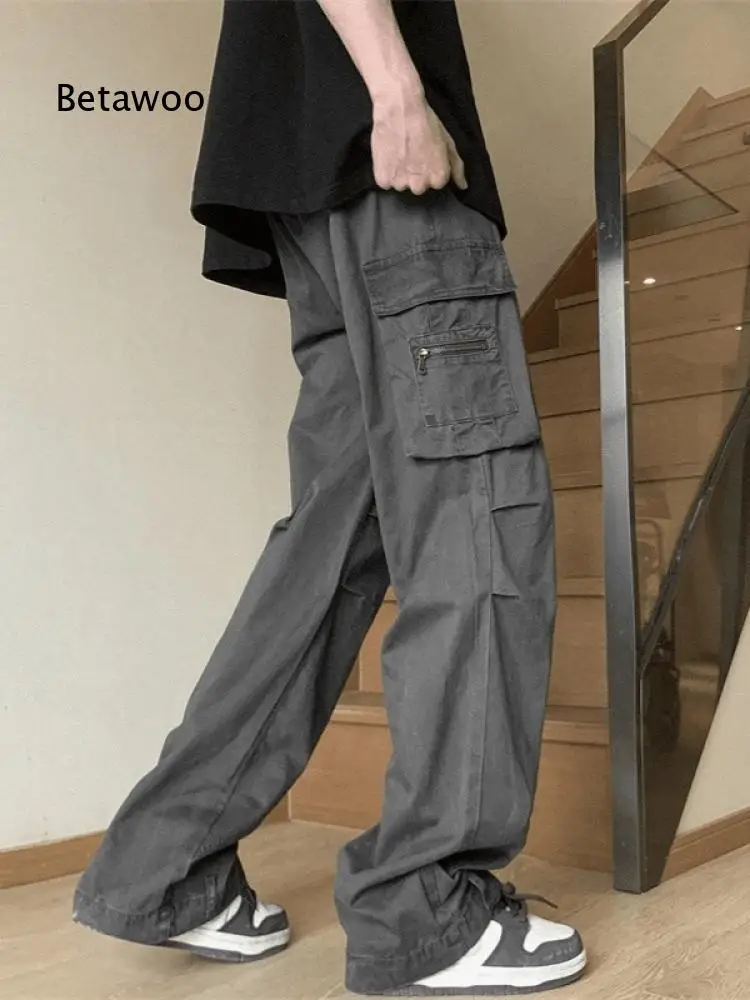 Men Multi Pocket Cargo Pants Loose Wide Leg Trousers With Zipper Pockets Casual Bottoms For Daily Streetwear Outfit Matching
