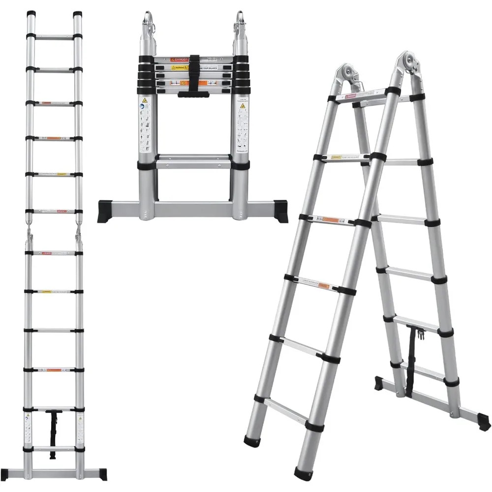 

A-Frame Telescoping Ladder 12.5ft, 2-in-1 Folding Ladder Adjustable Height 6 + 6 Steps, Home Ladder with Stabilizer Bar, 330lbs