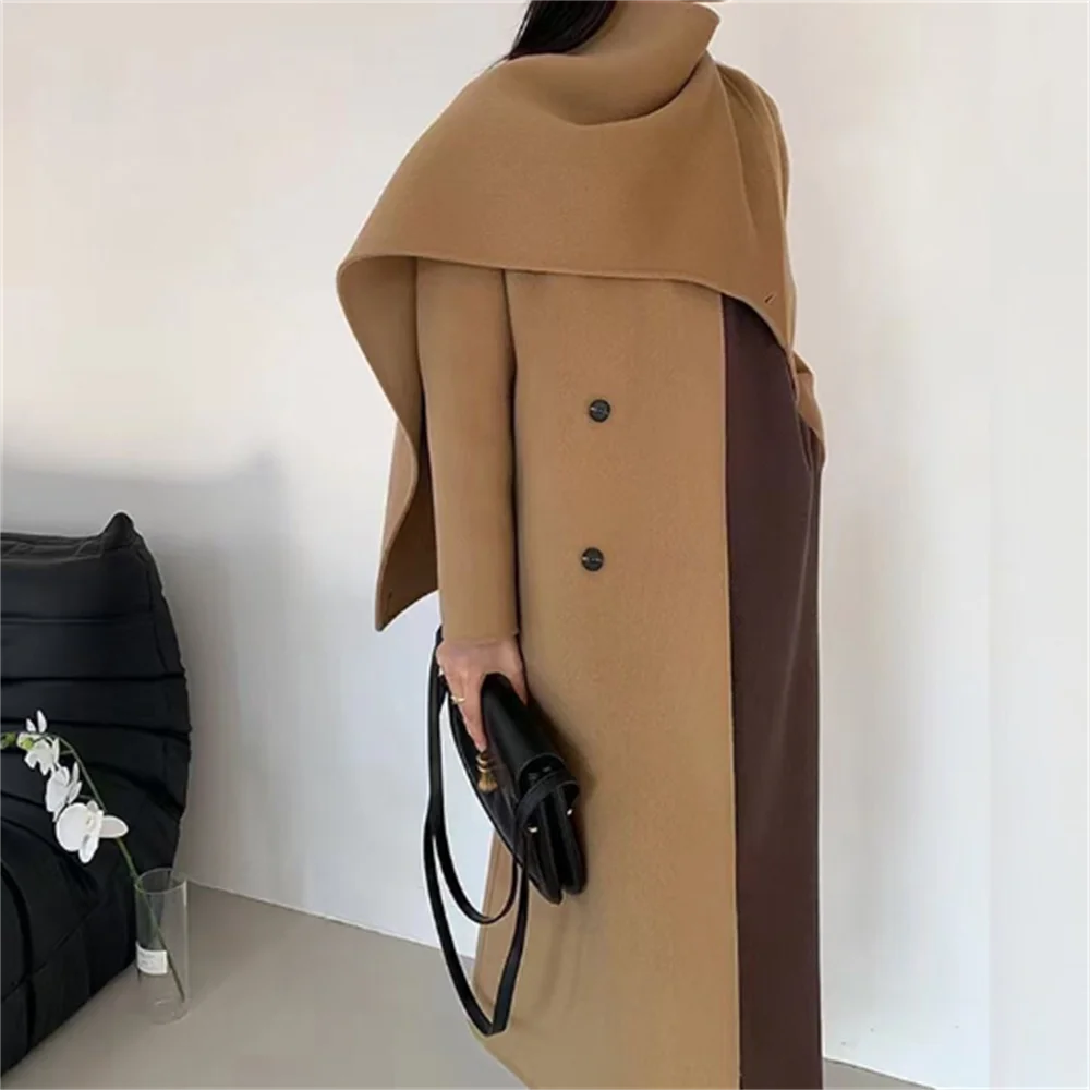 

2023 autumn and winter new coat shawl scarf collar double-breasted solid color long women's double-sided woolen coat