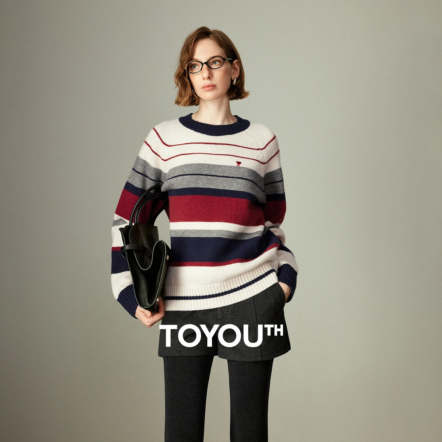 

TOYOUTH Thick Sweater for Women 2025 Winter New American Color-block Stripe Crew Neck Loose Stylish Top