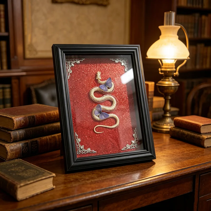 Real Snake Skeleton & Butterfly Specimen Shadow Box Frame, Gothic Taxidermy Wall Art, Macabre Oddities Curiosity Cabinet Decor,