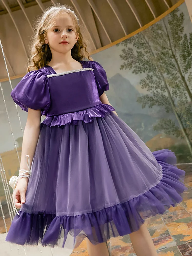 Baby Girls Summer Wedding Bridemaid Dresses Deep Purple Gauze Birthday Party Princess Clothes 3yrs 14T Kids Wear 110cm 170cm