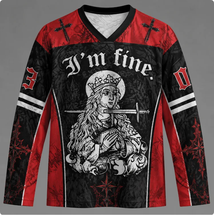 Y2K Emo Gothic I'm Fine 03  Long Sleeve 3D Full Print Saint Sword Graphic V-neck Oversized Punk Streetwear Unisex Casual Tops