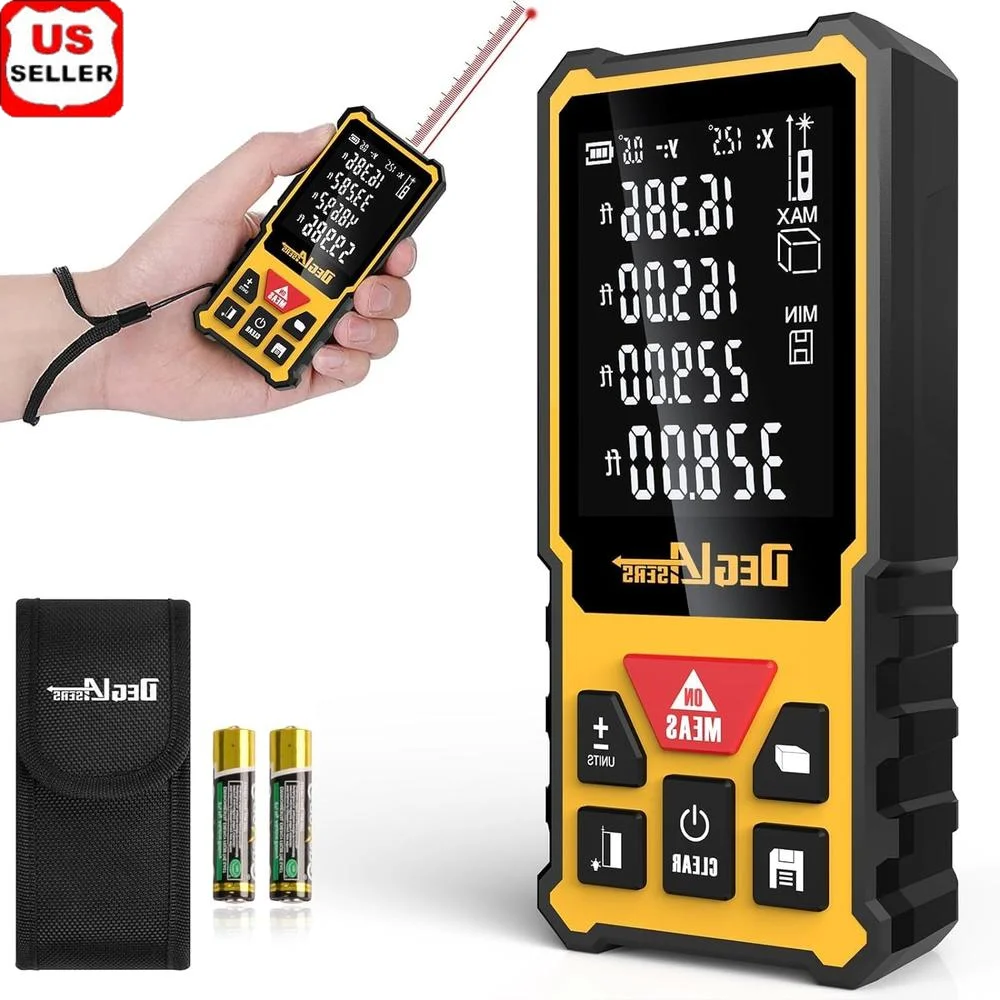 328ft Laser Measure with Angle Display Multifunctional Distance Meter Home/Construction/Industry IP54 Rated Large Backlit LCD