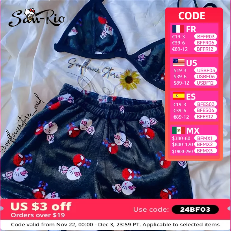 Hello Kitty Women Pajamas Set Sanrio Casual Sleepwear Tank Top Shorts Split Strap Adjustable Sexy Plush Underwear Summer Bikini