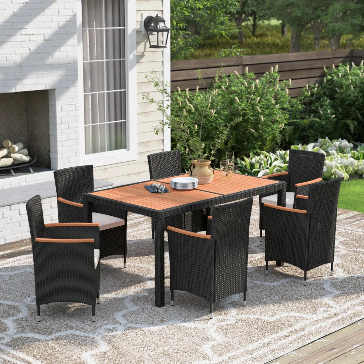 

！@Dwoo Outdoor Wicker Steel Frame Thickened Cushion 7 Pieces Table Chair Sturdy Durable Patio Garden Furniture Set