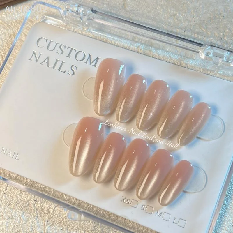 Neosfg Solid Color Press On Nails, Ice Transparent Cat Eye Nails Handmade Nude Skin-Flattering Nail Patches