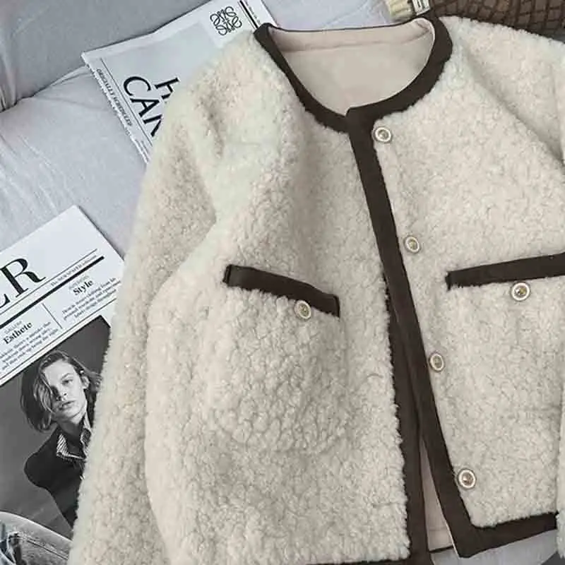 Lucyever Autumn Winter Lamb Wool Jacket Women Korean Thicken Contrast Short Plush Outwear Female Vintage Loose Long Sleeve Coat