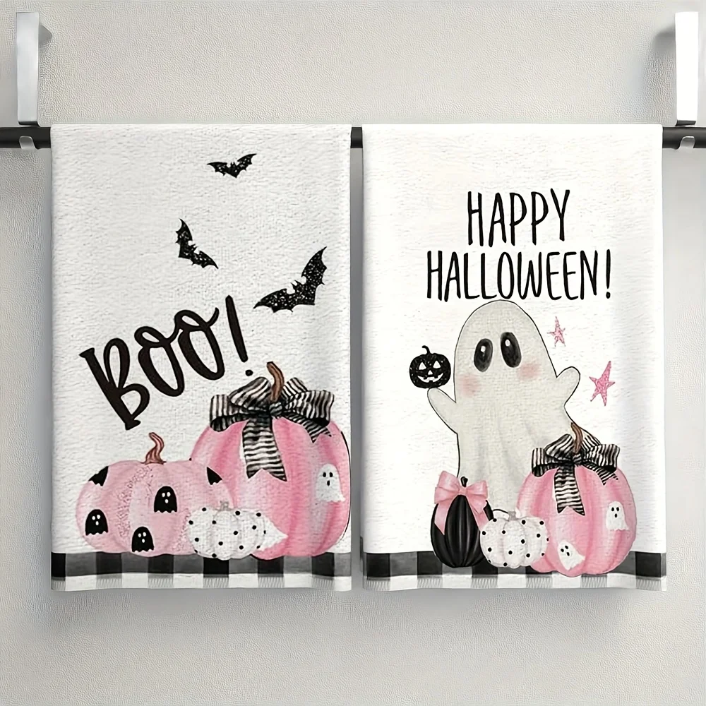 Set of 2 Halloween Kitchen Towels Featuring a Quirky Pink Pumpkin & Ghost Design with 'Boo!' Text,Suitable for Guest Hand Towels