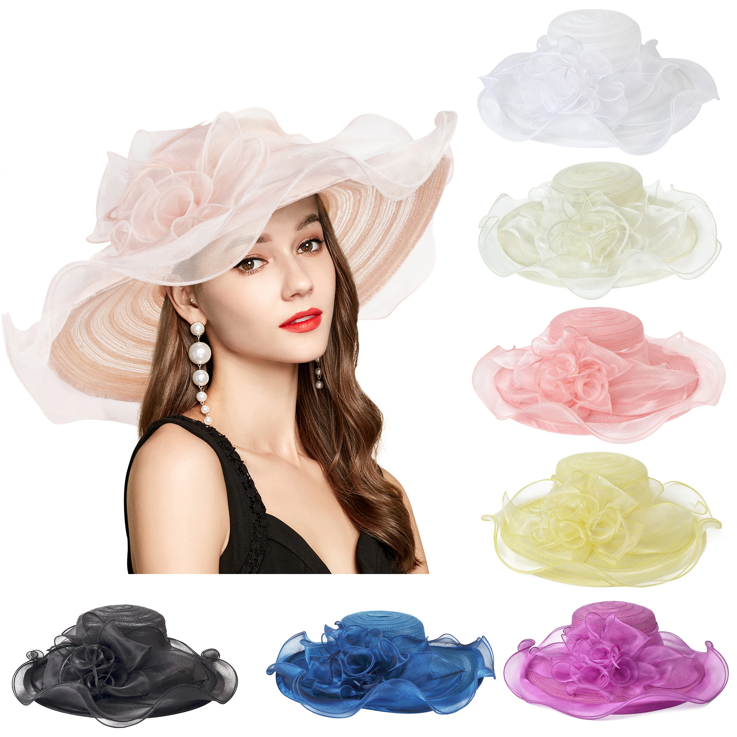 

2024 New Organza Sun Hat for Women - Elegant and Stylish Summer Hat with Feather, Kentucky Derby Church Wedding Beach Sunhats