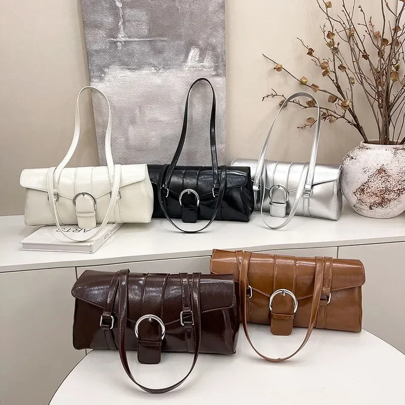 

2025 New Autumn Winter New Women's Waxed Leather Vintage Luxury Underarm Pillow Bag - Trendy Niche Single Shoulder Tote
