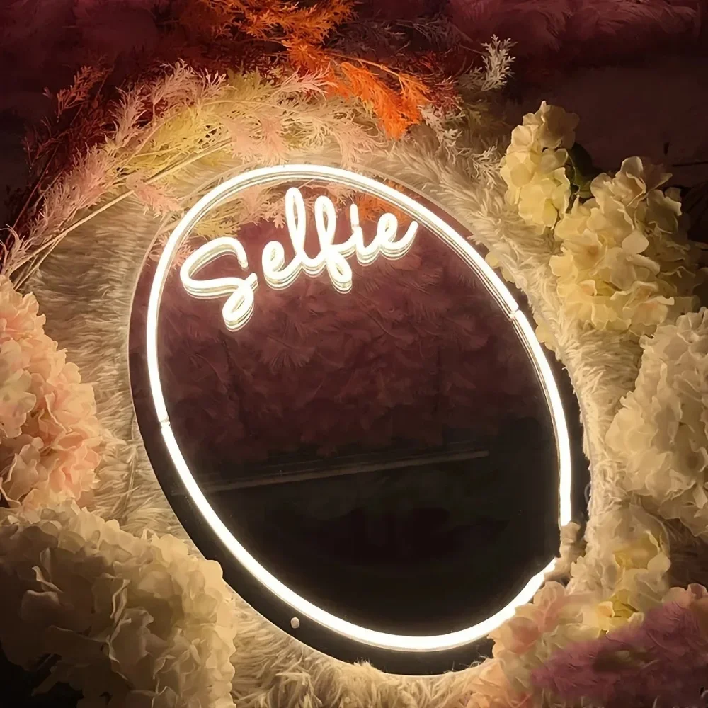 Selfie Mirror LED Neon Sign for Bedroom Decor USB Dimmable Wall Light for Beauty Salon Cafe Photo Booth Vanity Decor Girl Gifts