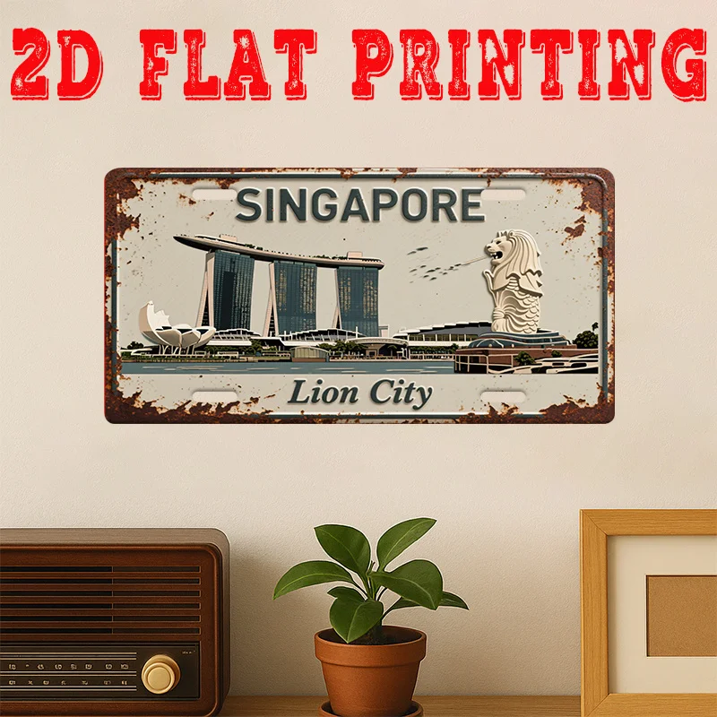 2D Flat, Vintage Metal  Sign, Decorative Plaque And Sign, Singapore City, Marina Bay Beach Vintage Wall Art, Lion City Home