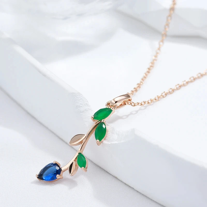 Kinel Hot 585 Rose Gold Color Long Leaf Pendant Necklace for Women Shiny Natural Zircon Accessories Vintage Daily Fine Jewelry