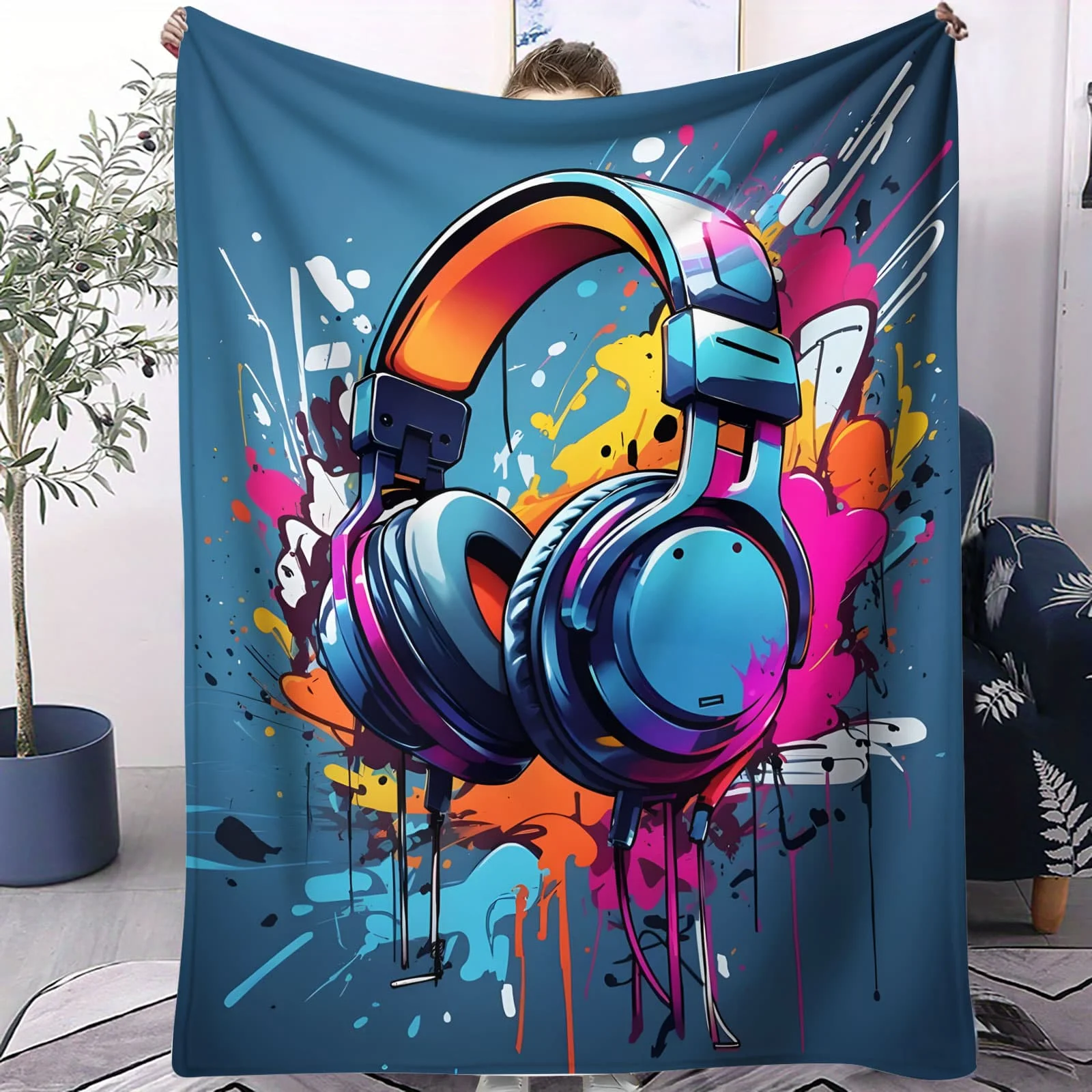 

Graffiti Style Gaming Headset Soft Blanket - Trendy E-Sports Themed Fleece Throw for Sofa Gaming Room Home Decor Adult Warm Gift