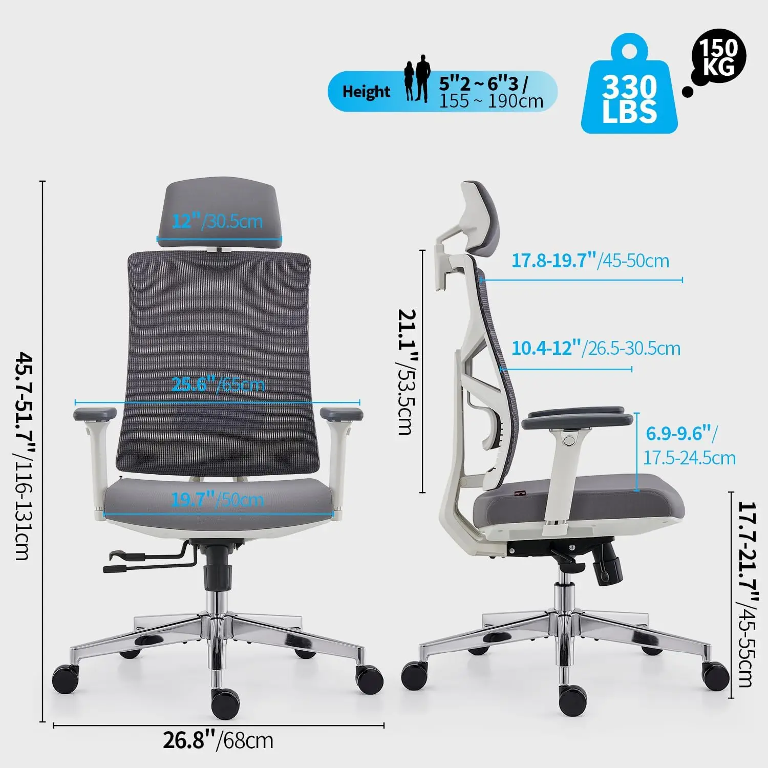 Chaise de bureau ergonomique avec dossier adaptatif, chaise de bureau d'ordinateur à dossier haut, accoudoirs 4D, profondeur de siège réglable, sup lombaire