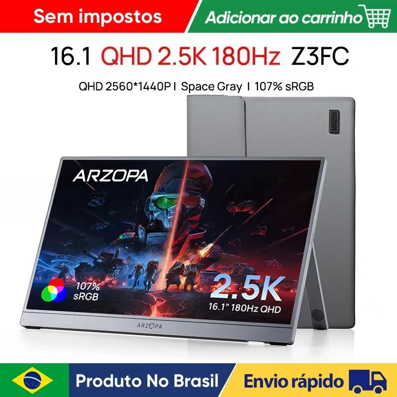 [NOVO] Monitor Portátil ARZOPA de 16,1 polegadas 180Hz 2.5K 107% SRGB Cinza Espacial com Bolsa de Armazenamento Z3FC para PS4/5 Steam Deck Switch PC Mac
