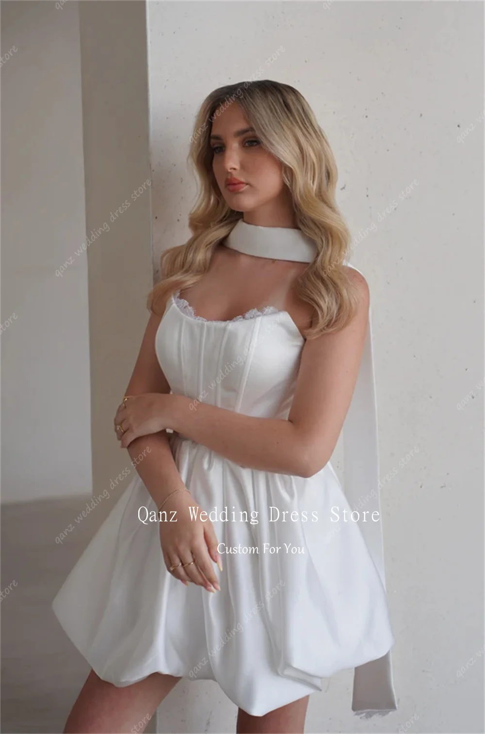 Qanz Short Satin Wedding Dresses A-Line Mini Puffy Bridal Party Gowns Birthday Dresses Luxury 2026 Women Vestidios Customized