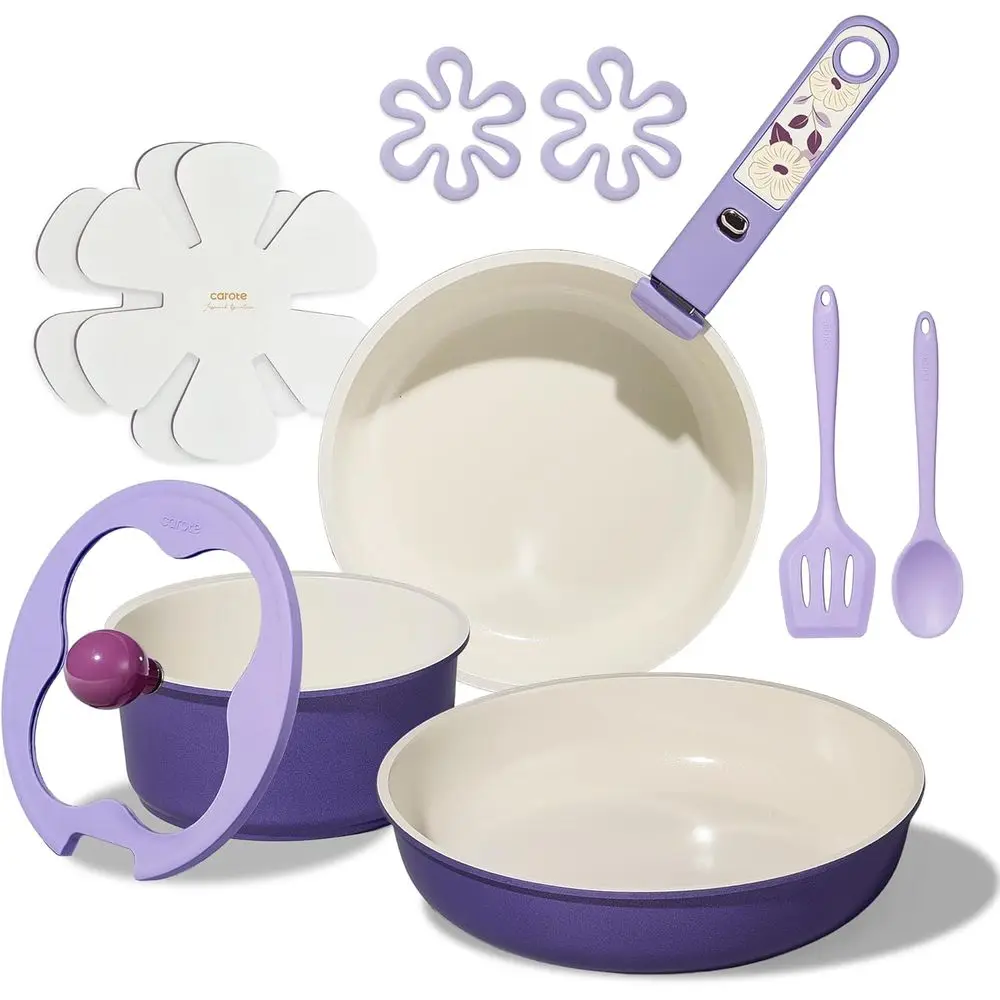 

Purple 11-Piece Non-Stick Induction Cookware Set with Removable Handle, Oven and Dishwasher Safe, Ideal for RV/Camping, PFAS-Fre