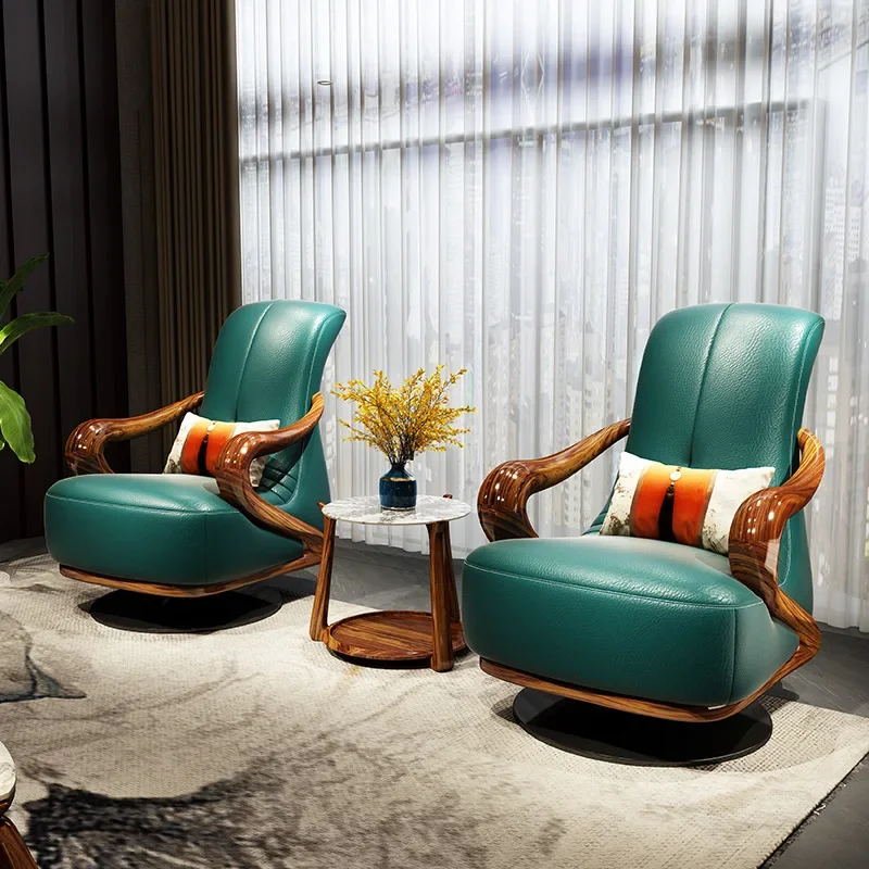 

New Chinese Style Ugyen Wood Leather Sofa Living Room Villa Modern Solid Wood Rotating Leisure Chair
