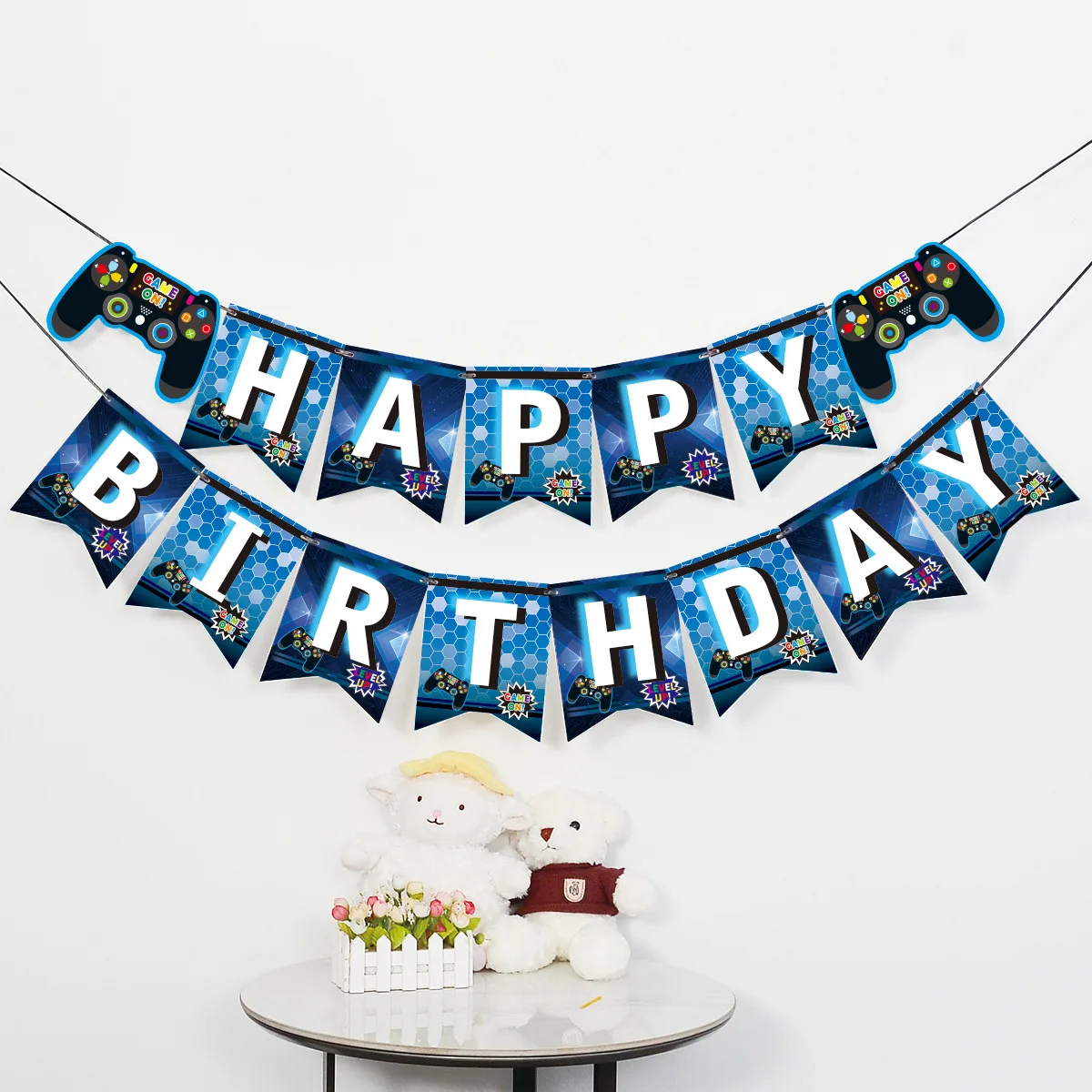 Gamepad Birthday Pull Flag GAME ON theme Happy Birthday Party Children Holiday Gift Decorated Banner Blue Game Dpiral Ribbon