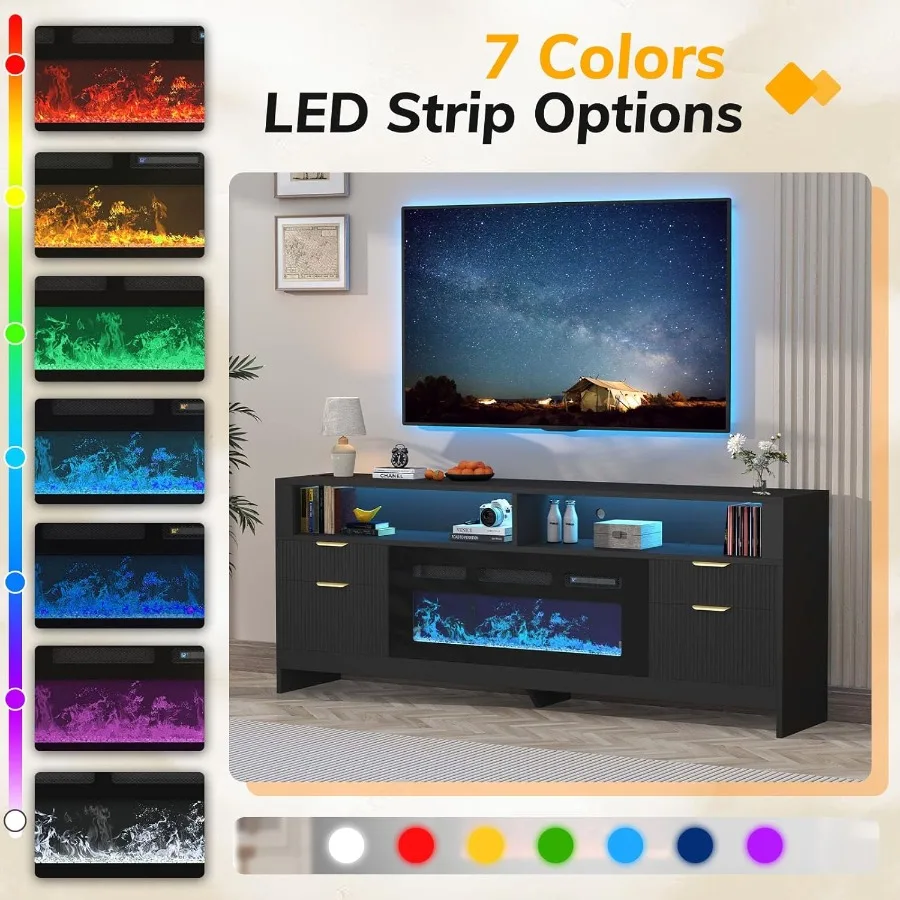Suporte de TV com 70 lareiras com 36 lareiras elétricas em preto Armário de console de TV moderno com luzes LED para sala de estar Entrada de mídia