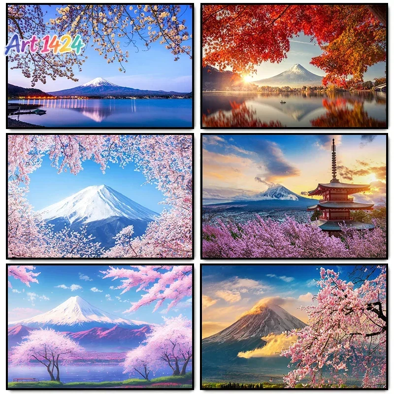 1pc frameless Japanese Travel Fuji Mount Landscape Poster Fuji Mountain Sakura Lake Scenery Wall Art Canvas  Print Picture  D