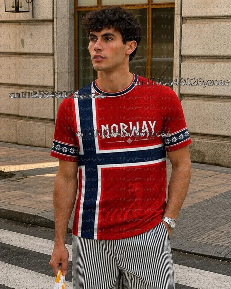 Norway Red Cross Ethnic Pattern Soccer Jersey, Oversized Quick Dry Breathable Tee for Nordic Fan Streetwear, Daily Casual Outfit