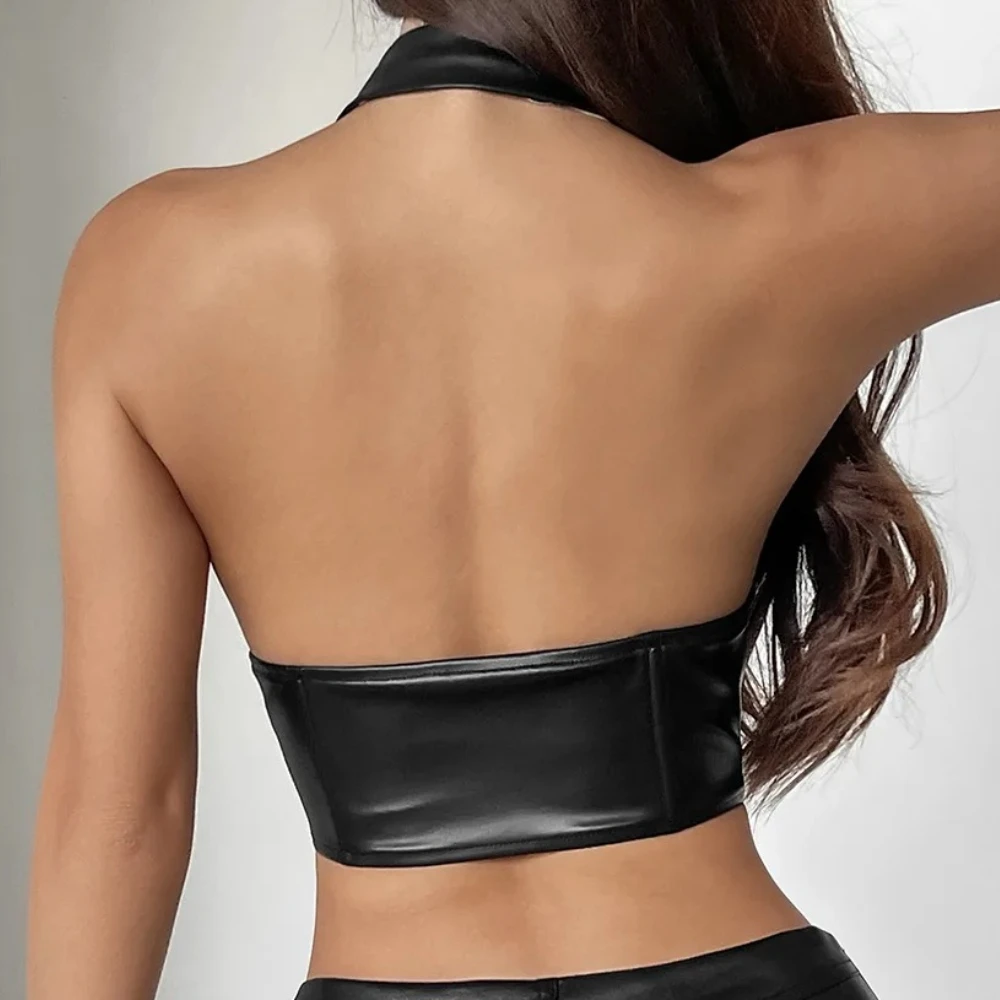 Womens Sexy PU Leather Vest Tops Fashion Halter V Neck Front Zipper Sleeveless Backless Slim Fit Tank Top Club Party Y2k Outfit