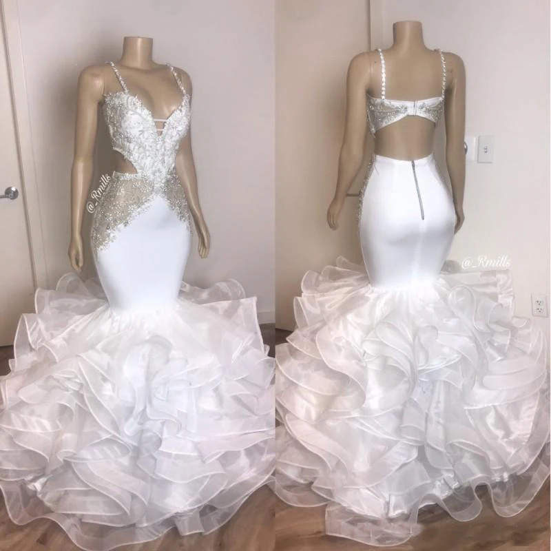 Robe de soirée sirène blanche en Organza, tenue de bal avec des appliques de dentelle, bretelles Spaghetti